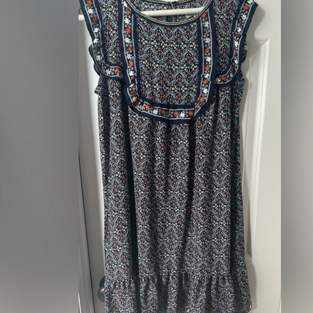 Max Studio Floral Boho Midi Dress Size Small NWT Navy Ruffle - Picture 2 of 7